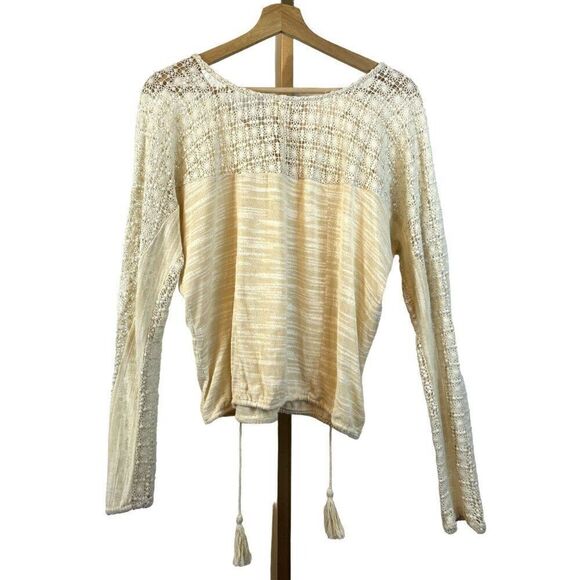 Anthropologie Meadow Rue Long Sleeve Ivory Sweater, Tassels and Crochet Sz S EUC - Picture 5 of 8